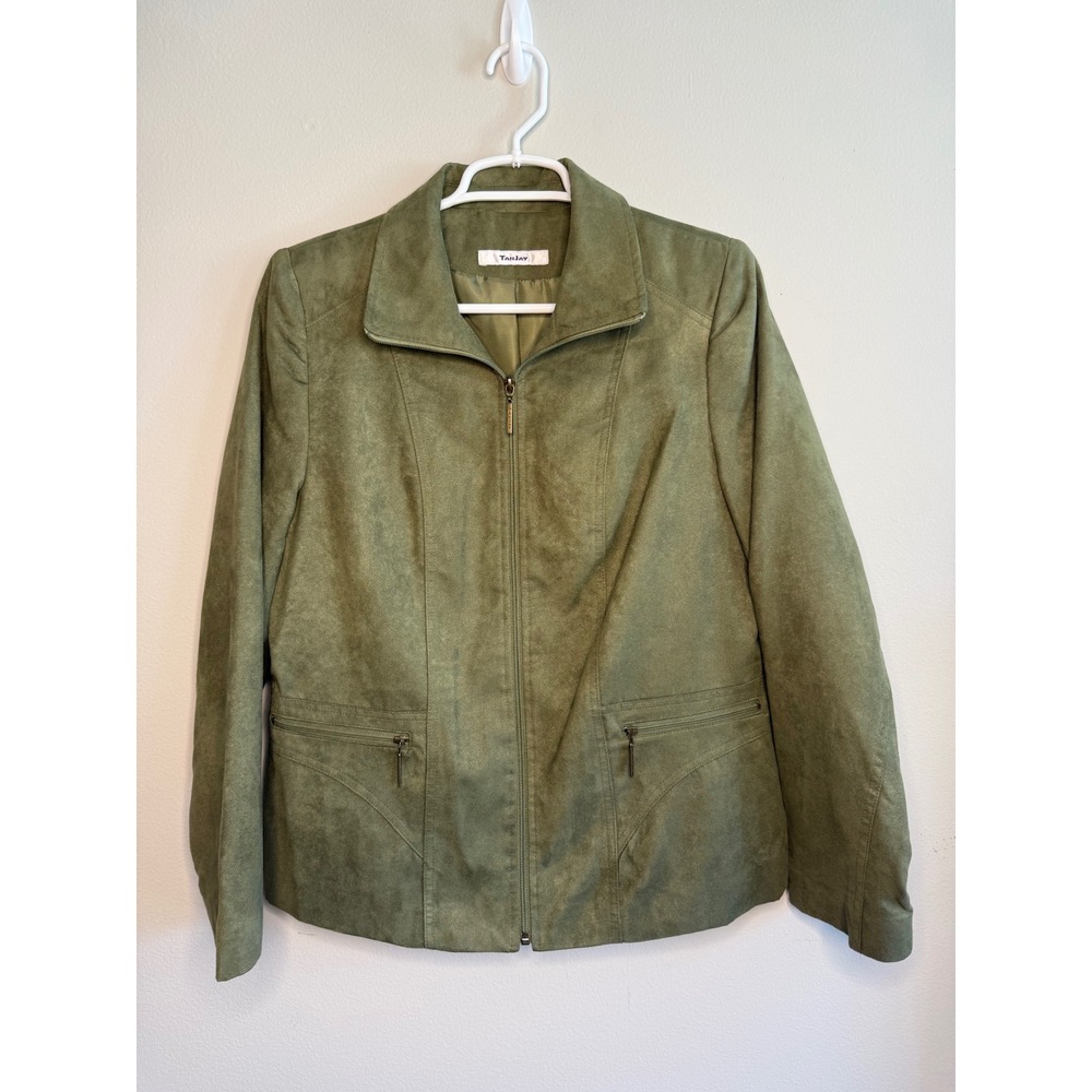 Tan Jay Olive Green Faux Suede Jacket Full Zip Front Pockets Women's
